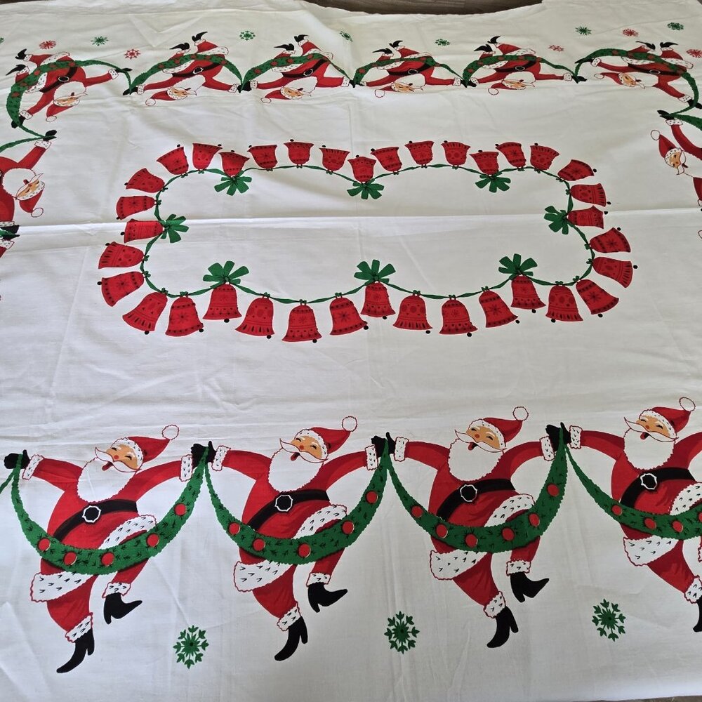 Vintage Tablecloth Christmas Dancing Santa 1950s 60s Mid Century - Picture 3 of 11